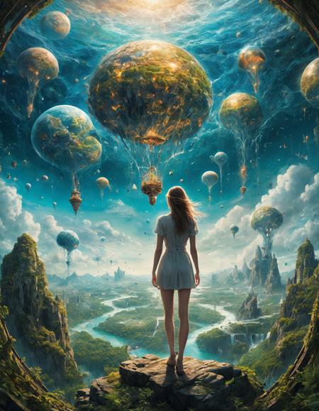 Generate a vivid photorealistic description of a lost girl navigating a mind-bending fantasy world where nothing is as it appears. In this realm, the ordinary laws of physics are distorted, turning up into down, left into right, and every facet of reality into a surreal and perplexing experience. The description should immerse the reader in this hyperdetailed world, allowing them to explore its intricate landscapes and discover the hidden mysteries within. Additionally, emphasize the girl's detailed skin, portraying it in such a way that even the pores and fine nuances are visible. This vivid depiction should convey the sense of wonder, bewilderment, and surreal beauty that permeates this fantastical journey through an otherworldly dimension