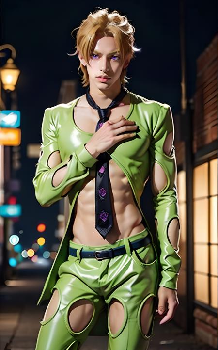 fugo,  1boy,  feminine,  light skin,  official style,  black necktie,  tie,  purple eyes,  standing,  shoes,  araki,  green suit,  clothing cutout,  solo,  navel,  interior background,  nomura tetsuya,  blonde hair,  thin waist,  stud earrings,  teen,  pose,  coloring,  bokeh,  realistic,<lora:EMS-247136-EMS:0.800000>