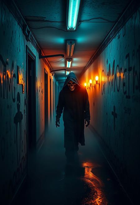 haunted hallway, decaying asylum, eerie blue lighting, ghostly figure, hooded reaper, skeletal face, flickering fluorescent lights, misty floor, horror atmosphere, abandoned building, water reflections, supernatural presence, cinematic horror scene, dark and gritty setting, Mesmerizing distortion, mist rising, digital lighting, luminous textures,splash of paint, visual storytelling, golden hour essence, historical depth, mesmerizing interplay, intricate details