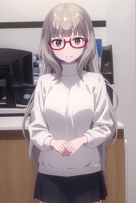 shizukuhazuki, <lora:shizuku hazuki s2-lora-nochekaiser:1>, 
shizuku hazuki, long hair, bangs, (brown eyes:1.5), grey hair, glasses, semi-rimless eyewear, red-framed eyewear, under-rim eyewear, smile,
BREAK skirt, shirt, long sleeves, white shirt, black skirt, fringe trim,
BREAK indoors, office,
BREAK looking at viewer, (cowboy shot:1.5),
BREAK <lyco:GoodHands-beta2:1>, (masterpiece:1.2), best quality, high resolution, unity 8k wallpaper, (illustration:0.8), (beautiful detailed eyes:1.6), extremely detailed face, perfect lighting, extremely detailed CG, (perfect hands, perfect anatomy),