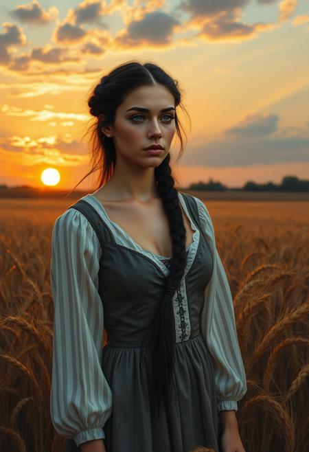 Carefully detailed, hyper-realistic oil painting with exciting, ,,Beautiful Slavic twenty year old girl slender stands at full height, blue eyes black hair gathered in a braid flutters in the wind dressed in a Slavic dress open neckline visible breasts standing in a rye field, in the background the setting sun clouds  ,,, shadows carefully visualize to create depth, and cool tones add contrast with warm lighting. The dramatic effects of chiaroscuro emphasize the mood and intensity, and the skilled breeches of the artist bring depth and texture to the piece. Drawing inspiration from artists such as Norman Roquell, Steve X, poster, painting, 3d render, dark fantasy, photo, illustration, fashion, cinematic, bright Sasan
