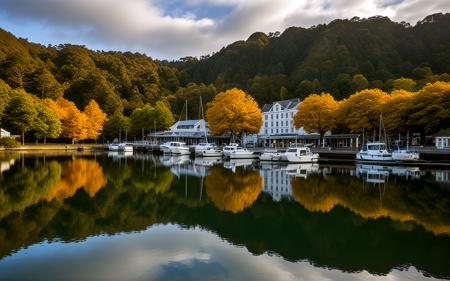 panorama,Golden autumn morning at the Whangarei Town Basin, with colorful leaves floating on the calm water. The historic buildings along the waterfront are bathed in warm sunlight, and gentle ripples create a peaceful, picturesque harbor setting,, sweeping landscapes, unique perspectives, epic scale, revealing hidden beauty, showcasing vastness, immersive experience, precise compositions, expert piloting, dynamic angles, cinematic storytelling, showcasing natural wonders, aerial exploration