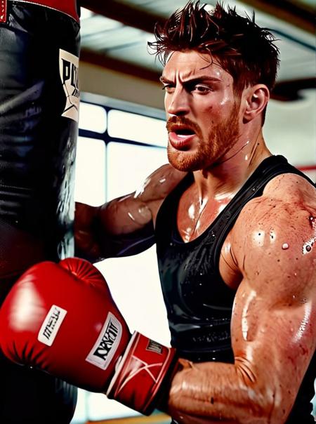 Gwilym Lee a man <lora:ken-bek_Gwilym-Lee:1> punching a boxing bag in a grungy gym. Sweating it out, wearing a tight wet vest showing ripped biceps. Side view, high detail, realistic, 8k, depth of field, sharp focus, intricate, smooth, masterpiece, photorealistic, professional photoshoot quality, highly detailed detailed face, realistic skin, ultra-realistic, uhd, full body in frame, <lora:add-detail-xl:1>