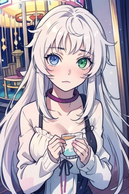 neko_k white hair blue eyes heterochromia green eyes long hair