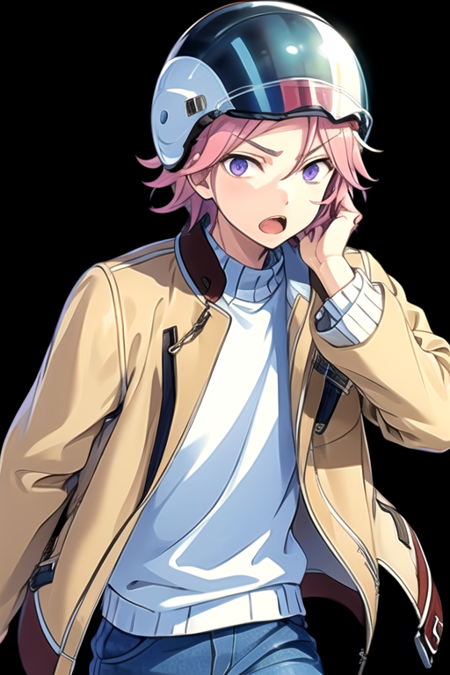 <lora:KohakuES-08:0.7>,kohakues, solo, looking at viewer, short hair, open mouth, simple background, long sleeves, 1boy, purple eyes, jacket, pink hair, male focus, open clothes, pants, sweater, open jacket, helmet, black background, brown jacket, blue pants