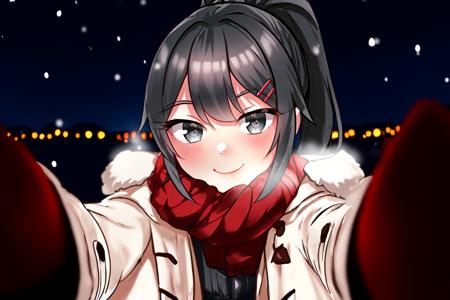 cheekwarm reaching towards viewer, scarf, red scarf, blush, hair ornament,  looking at viewer, pov, winter clothes, smile, solo,  coat, blurry, fur trim