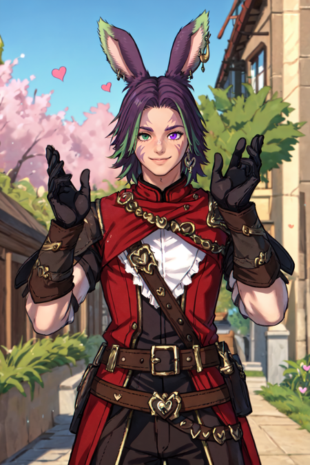 Khitli Viera, solo, looking at viewer, smile, short hair, violet hair, gloves, 1boy, animal ears, heterochromia, green eyes, jewelry, purple eyes, weapon, male focus, heart, earrings, outdoors, green hair, black gloves, belt, hand up, rabbit ears, blurry background, facial mark, floating hearts, viera, <lora:Khitli_Viera:0.5>