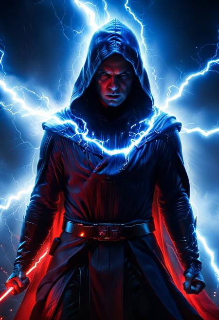 score_9, score_8_up, score_7_up, score_6_up, score_5_up, score_4_up, (absurdres, best quality, masterpiece:1.4), illustration, photorealistic, cinematic lighting, dynamic angle, perfect composition, hooded figure, force lightning, blue sparks, intense focus, dark side energy, dramatic lighting, red and blue contrast, power aura, menacing expression, Sith powers