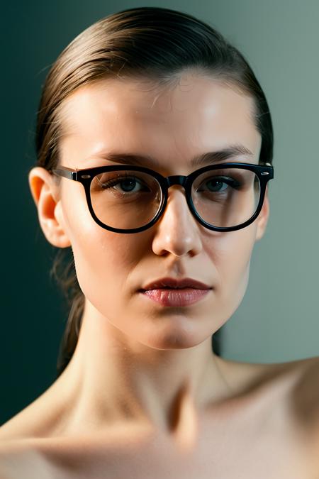 glasses, Sharp Focus, wo_ebloom02, (close-up:0.8), (slight smile:0.4)low key lighting, shot on Lumix GH5, cinematic bokeh, hair slicked back, minimalistic background, sharp cheekbones, teasing, detailed skin, <lora:woEbloom02:0.8>