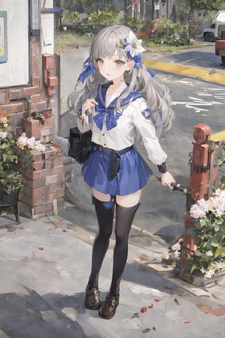 masterpiece, best quality,fuyusaka iori 1, 1girl, school uniform,solo,hair flower, hair ornament, flower, long hair , full body, grey hair, white flower, grey eyes,looking at viewer, highly detailed city background,(ulzzang-6500:0.8), blush,imapsto