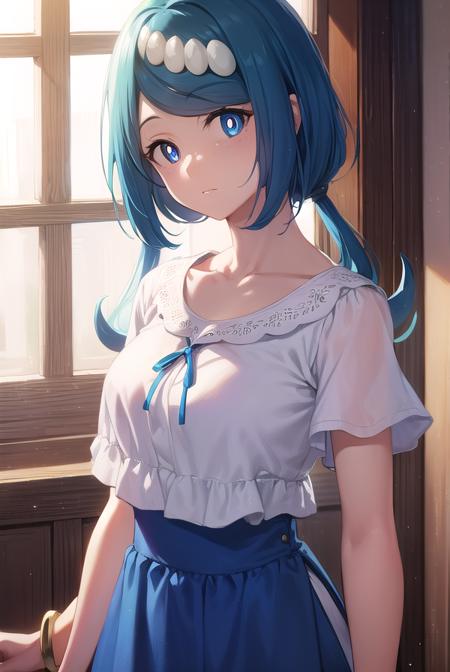 pokemonmotherlana, <lyco:pokemonmotherlana-lyco-nochekaiser:1>,
pokemonmotherlana, blue eyes, blue hair, freckles, hair ornament, long hair, swept bangs, (bright pupils:1.5),
BREAK blouse, blue skirt, bracelet, collarbone, dress, jewelry, long skirt, shirt, short sleeves, skirt, white shirt,
BREAK looking at viewer, full body, (cowboy shot:1.5),
BREAK indoors,
BREAK <lyco:GoodHands-beta2:1>, (masterpiece:1.2), best quality, high resolution, unity 8k wallpaper, (illustration:0.8), (beautiful detailed eyes:1.6), extremely detailed face, perfect lighting, extremely detailed CG, (perfect hands, perfect anatomy),