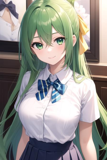 ((masterpiece)),(best quality),official art,extremely detailed CG,unity 8k wallpaper,ultra detailed,beautiful detailed eyes,extremely detailed face,1girl,solo,upper body,(portrait:1.5),looking at viewer,facing viewer,smile,sonozaki shion,very long hair,green hair,hair ribbon,yellow ribbon,hair between eyes,parted bangs,green eyes,collared shirt,white shirt,short sleeves,bowtie,blue bow,striped bow,large breasts,tight,blue skirt,pleated skirt,zettai ryouiki,black thighhighs,loafers,<lora:Sonozaki Shion(hnnk)>,