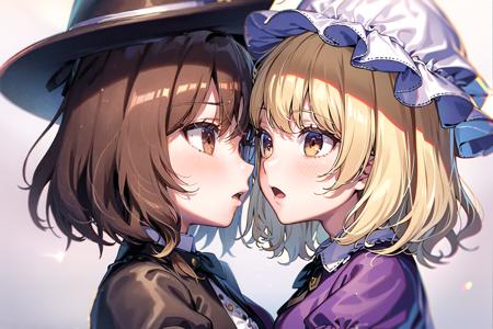 best quality, ultra high res, 2girls, yuri, face-to-face, smile, 
AND 2girls, usami renko,  <lora:renko:1>, renko, black victorian hat, white hat ribbon, black short hair, red eyes, white shirt, black capelet, black pleated skirt, closed mouth, looking at another, standing, face-to-face, 
AND 2girls, maribel hearn,  <lora:maribel_hearn:0.7>, white soft hat, short wavy hair, blonde hair, golden eyes, purple dress, open mouth, looking at another, standing, face-to-face,