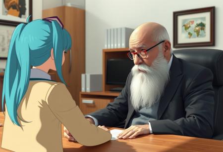A real candid photo of an old man sitting behind a desk in his office. His hair is balding and he has a long white beard. Across from him sits and 2d anime girl Hatsune Miku. He is giving her counseling. Contrast between reality and  illustration