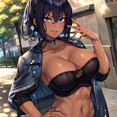 best quality, masterpiece, ultra-detailed, Odette, black hair, blue eyes, breasts, dark-skinned female, dark skin, hair between eyes, large breasts, jacket,  tgout,  tongue out,  tongue,