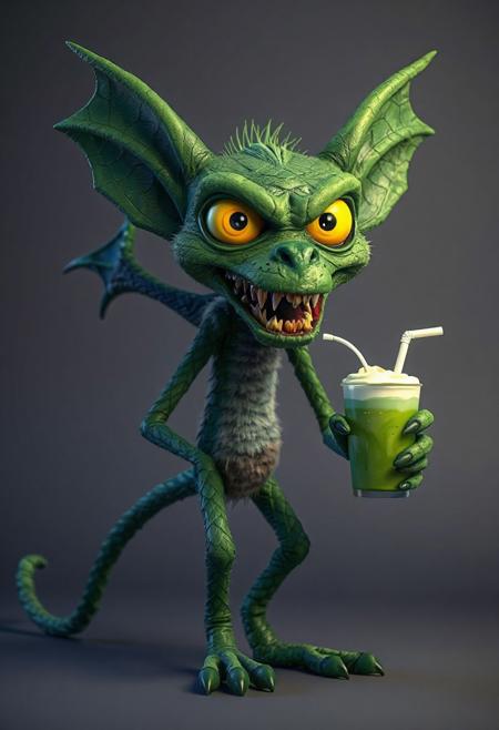 Clay Animation - a pixar style 3d animated green character called a jabberwock, angry, fierce, scary, big yellow eyes, wings, scales. long ears. long sharp teeth. at least ten feet tall with a simian like build, almost like a lemur. Its limbs are long and elongated and slender, 3 long fingers and claws. with a pointed end long tail ending, standing on two toes with a dewclaw/thumb. looking at camera over a simple background. holding a green frappucino