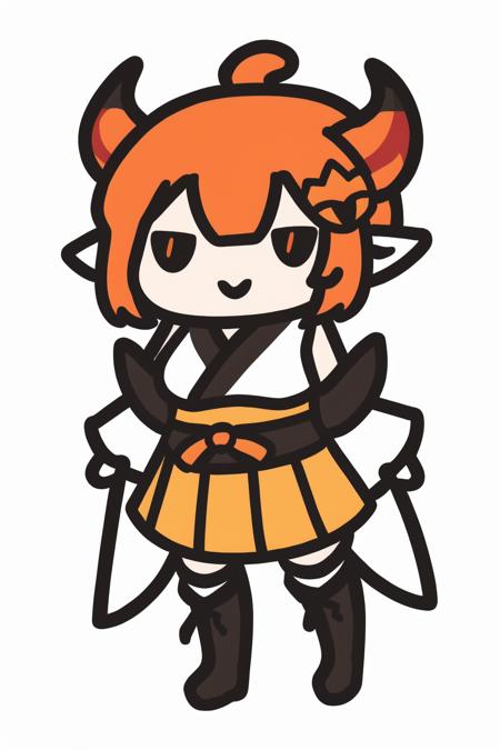 <lora:smol02:1>, 1girl, solo, weapon, red hair, horns, virtual youtuber, oni, white background, hair over one eye, oni horns, full body, closed mouth, simple background, ninja, puffy sleeves, sword, sheathed, weapon on back, fishnets, japanese clothes, standing, scarf, looking at viewer, bangs, boots, black footwear, bare shoulders, sheath, yellow eyes, detached sleeves, hair ornament, sleeveless, katana, blush, long sleeves, knee boots, kimono, pointy ears, straight-on, arms at sides, breasts, smile, puffy long sleeves