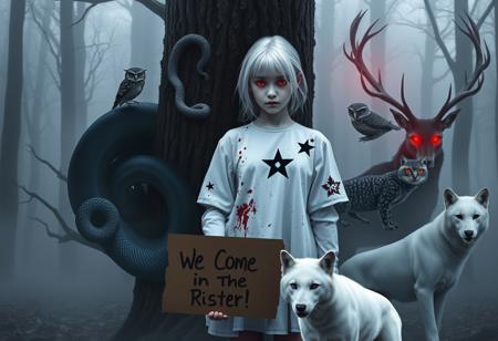 In a mist-filled forest, a pale girl with silver-white hair stands hauntingly still. Her white blouse, splattered with dark red stains, contrasts starkly with her ghostly skin. A simple black five-pointed star is visible on her chest, adding an unsettling graphic element. Her eyes glow with an intense crimson light, piercing through the dimness.
Around her, twelve wild animals create a tense, surreal circle. A black panther crouches nearby, its fur blending with the darkness, while its eyes reflect an eerie red. Two owls perched on branches survey the scene with glowing red eyes. A large snake, with blue-black iridescent scales, coils around a tree branch, its gaze menacing.
In the background, a majestic stag stands with antlers silhouetted against the fog. Two lynxes, their fur patterned with shadows, move quietly, and a white wolf stands in the foreground, its eyes mirroring the girl’s glow.
The girl holds cardboard sign reading "We Come in Peace". The swampy ground is covered in mist, with refracted light casting shifting shadows, adding to the eerie, realistic quality of the scene
