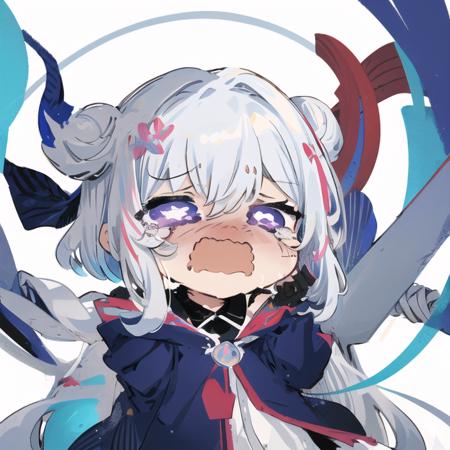 1girl, chibi, white hair, sobbing, white background <lora:Sesield:1>