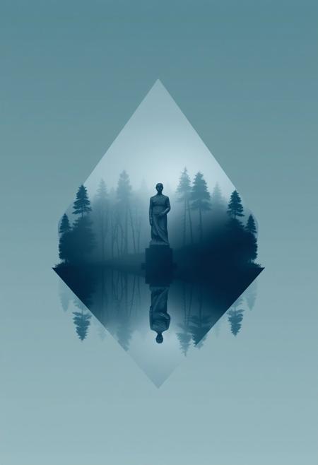 A logo design inspired by thick fog. Geometric shapes and clean lines create a seamless gradient transition in cool colors. The logo focuses on balance and symmetry, depicting a first-person view of a transformation into a stone statue reflected in a forest mirror.