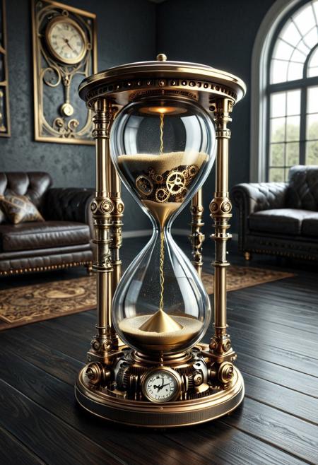 steampunk hourglass,
living room, dark floors,
best_quality, masterpiece, absurdres, highres, subject_focus, depth_of_field, ultra_detailed, sharp_focus, high_detail, intricate detail,
g3ars