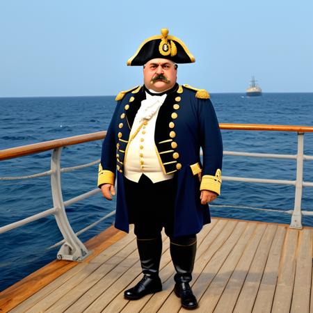 Full body in frame, from head to toe, wide angle view from side, distant camera, long shot, wide shot.Full body in frame, from head to toe, wide angle view, distant camera, long shot, wide shot.  
A fat middle-aged Turkish-German man standing confidently on the deck of a large wooden battle ship, at sea.  
He is wearing a detailed 19th century navy officer uniform with golden epaulettes, a blue coat, brass buttons, and a tricorn hat.  
Strong physical body, musclechub, burly, thick arms and legs, barrel chest.  
Masculine square face, big nose, thick eyebrows, broad chin.  Background is sea.
Realistic lighting, moonlight, 8k, photorealistic, ultra detail, clothes and body details
 <lora:Better_expressionsH:0.6> <lora:detailed_notrigger:0.7> <lora:Walrus_Mustaches:0.6>