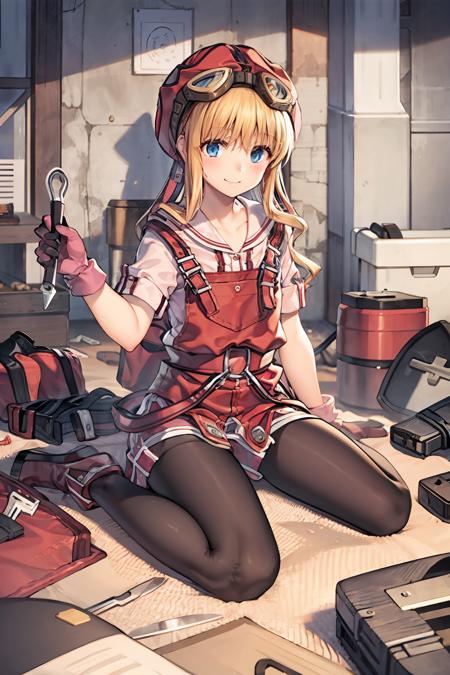 masterpiece, best quality,realistic,<lora:tita:1>,1girl, blue eyes, gloves, blonde hair, goggles, solo, screwdriver, pantyhose, wrench, hat, goggles on head, sitting, wariza, smile, black pantyhose, shorts, tools,boots, blush, overalls, belt, full body, apron, sidelocks, short hair, long hair, pink gloves, shirt