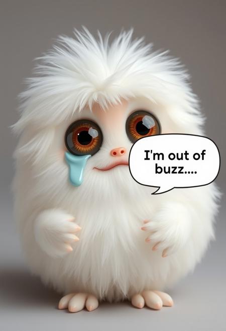 A cute fluffy white creature, round, with a tear coming out of his eyes, a reflection of an open hand on his eyeballs, with a text in a bubble coming from the creature that says: "I'm out of buzz...".