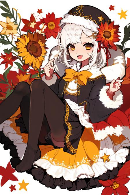 Pisces, 1girl, solo, candle, hat, pantyhose, white hair, frills, flower, open mouth, holding, smile, looking at viewer, yellow eyes, white headwear, red pantyhose, red flower, short hair, fur trim, cropped legs, :d, white background, bangs, star (symbol), ribbon, long sleeves, bow, skirt, christmas, black skirt, brown eyes<lora:Pisces:1>