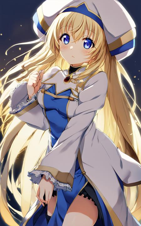 sdxl-gs-priestess blonde hair, very long hair, sidelock, bang hair, between eyes, blue eyes, medium breasts black underwear, white headwear, white long robe center blue, mluticolor wear, puffy sleeves, long sleeves, hime-sode frills, white thigh boots, holding staff