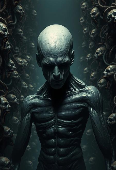 A surreal, dark, and nightmarish scene featuring a towering, bald humanoid figure with a metallic, almost chrome-like skin. The figure's muscular torso is prominently displayed, and its expressionless face has dark, liquid tears streaming down its cheeks. Surrounding the central figure are countless distorted, grotesque faces and screaming heads, blending into the background as if they are part of an endless, biomechanical structure. The atmosphere is eerie and oppressive, with twisted, sinewy forms intertwining with one another, creating a tunnel-like visual that fades into an infinite, haunting abyss. The design is intricate, with hyper-detailed elements, resembling a fusion of organic and mechanical horrors, evoking a deep sense of dread and unease.