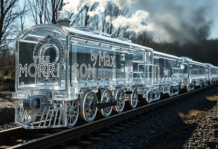 “A train made entirely of transparent crystal, with a prismatic, refractive exterior that catches and splits the light, travels along a railway. The lead car of the train bears the inscription ‘MORRISON’ in bold, etched letters, integrated into its crystalline surface. Following closely behind is another car with the inscription ‘by Max,’ also crafted from the same transparent crystal, gleaming with subtle rainbows in the light. Captured with Panavision Prime Aspherical cinema lenses, the surreal train moves along the tracks, creating a mesmerizing spectacle as light dances through the clear crystal, transforming it into a radiant, almost ethereal locomotive.”