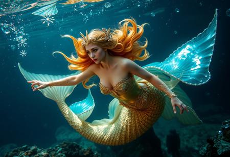 Mystical ethereal siren mermaid swimming deep in the ocean abyss surrounded by elements of gold silver and (iridescent) colors. Beneath her are small diamonds and pearls captivating masterpiece whimsical depth, photography, underwater, hyper realistic, ultra detailed