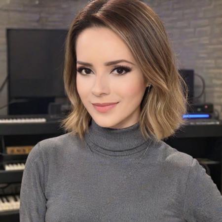 Photo of s4ndyjr, slight smile, gray turtleneck blouse, show stage background, with music equipments background