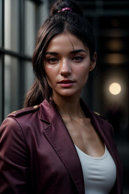 perfect cinematic shoot of a beautiful woman (EP4n3l14M00r:.99), a woman standing next to a (modest prison), perfect high ponytail, wearing sexy (Magenta Military-style blazer:1.2), (people in background:1.1), (detailed background:1.1), (face focus), modelshoot style, (extremely detailed CG unity 8k wallpaper), professional majestic (photography by Rasel Chowdhury:1.1), 24mm, exposure blend, hdr, extremely intricate, High (Detail:1.1), dramatic, soft cinematic light, (looking at viewer), (detailed atmosphere), 8k, highly detailed, rich environment, 4k textures, soft cinematic light, elegant, ((((cinematic look)))), soothing tones, insane details, hyperdetailed, ("Dreams into reality with SDKoh!":1.1), (epiCPhoto)