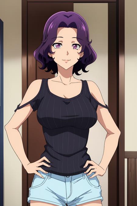 ((best quality)),((highly detailed)),masterpiece,absurdres, detailed face,beautiful face,(detailed eyes, deep eyes),(1girl),((dynamic pose)), <lora:AzusaV1:0.7>, Azusa, solo, purple hair, shorts, purple eyes, smile, short hair, shoulder cutout, breasts, looking at viewer, clothing cutout, short shorts, shirt, mole, bare shoulders, medium breasts, cowboy shot, hands on hip, large breasts, hair intakes, blue shorts, denim, mole under eye, door, collarbone, black shirt, denim shorts, striped, indoors, casual, standing, striped shirt