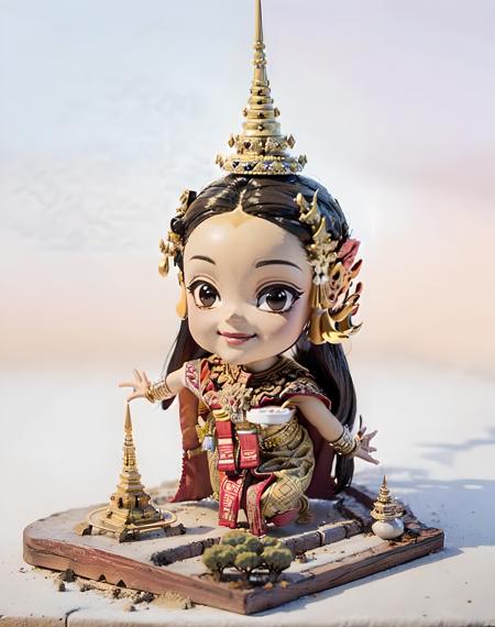 isometric  miniature Cake(nangseeda thairoyaldancer:1.3),(politician:1.3)(1girl,smile,Leader,Black hair,chibi,cute:1.2),mini\(ttp\), white face, Render,Unity(8k, RAW photo, best quality),(masterpiece),(best quality),(ultra-detailed),Heroic pose(full body:1.2),chibi masterpiece:1.2),((Thai Temple background)),<lora:miniatureWorldStyle_v10:1> ,(Isometric thai temple background:1.1)  <lora:nangseeda3216clip2:1> <lora:blindbox_V1Mix:0.5>