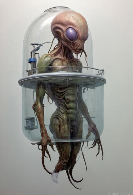 (Illustration by james gurney), an injured alien a biopunkai medical facility, alien, creature, science fiction, floating in a glass tank of water, science fiction, sd15_journalSketch, white background
