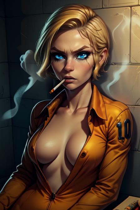 TheConvict, short blonde hair, blue eyes, tired expression, upper body, cigarette in mouth, cowboy shot, solo, sitting, smoke,
 Orange Jumpsuit with a number 10, no bra, prison cell, (insanely detailed, beautiful detailed face, masterpiece, beautiful detailed eyes, 
 <lora:TheConvict-10 v3:0.8>