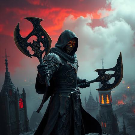 "A cinematic portrait of Black Luster Soldier - Sacred Soldier: armored warrior in a matte-black hooded cloak, ornate mask with gold filigree and glowing runes, wielding twin obsidian battle-axes. Standing in a dynamic pose atop Artmegia the Academy City of Divine Arts—a sprawling gothic metropolis with crimson-lit spires, floating magical tomes, and shattered stained-glass windows. Hyper-detailed textures: cracked armor plates, smoldering axe blades, and ethereal cloak fabric. Stylized with Dark Souls grandeur and Final Fantasy flair. Rendered in Unreal Engine 5 realism, Octane Render gloss, and Dutch angle composition. Color palette: blood-red skies, ash-gray architecture, and golden magical accents. Background features swirling energy storms and faint glowing sigils. Trending on ArtStation, 8K HDR, golden ratio framing. Tags: dark fantasy warrior, menacing aura, hyperrealistic armor, volumetric fog, cinematic depth-of-field."