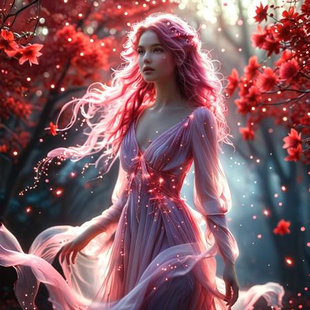 A radiant woman glowing with a soft pink mystic luminance, standing amidst a fantasy red wonderland. Her entire being pulses with gentle magical energy—her skin casting a warm rose-colored glow, her eyes shimmering like distant stars. Her flowing hair catches the light like spun silk, tinted with blush and glowing strands. She wears a dress that sparkles with enchanted threads, gently drifting as if in slow motion. Surrounding her is a surreal landscape of deep crimson foliage, glowing red blossoms, and floating ember-like particles. The air is thick with magic, casting soft shadows and reflections in the warm haze. She stands as a luminous figure of grace and wonder, as if summoned from the heart of a dream—mysterious, powerful, and impossibly beautiful, Masterpiece level quality, soft lighting, bright lighting, sharp focus, fine details, high quality, precise, high resolution, 4k, 8k,