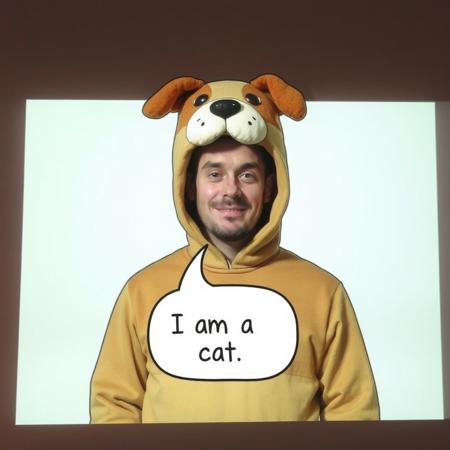 In the center of the screen is a man in a dog-like costume. There is a speech balloon from him. Inside the speech balloon is “I am a cat.”
illustration.