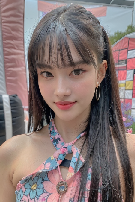 1girl, solo, skinny, brown eyes, black hair, looking at viewer, smile, dress, jewelry, earrings, gradient hair, flowers, outdoors, , (pastel:1.2), hyper realistic, lifelike texture, RAW, (best quality, masterpiece:1.2), (intricate details:1.3), (photo-realistic:1.3), ultra detailed, realistic skin texture, extremely detailed,