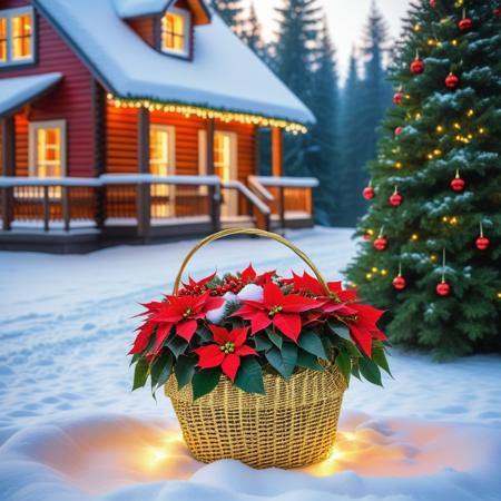 gold basket with fir branches inside with small Christmas balls and green leaves and red poinsettia leaves, in the background snowy fir forest with an illuminated house in the distance