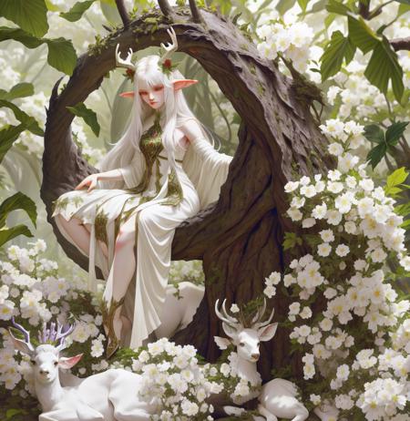 Elf female , in dress ornate, white hair, deer horns on her head, elven goddess dragon age, perfectly proportioned body , flowers , leaves, white deer, omnilight , intricate detail ,dark background , HD. Photography