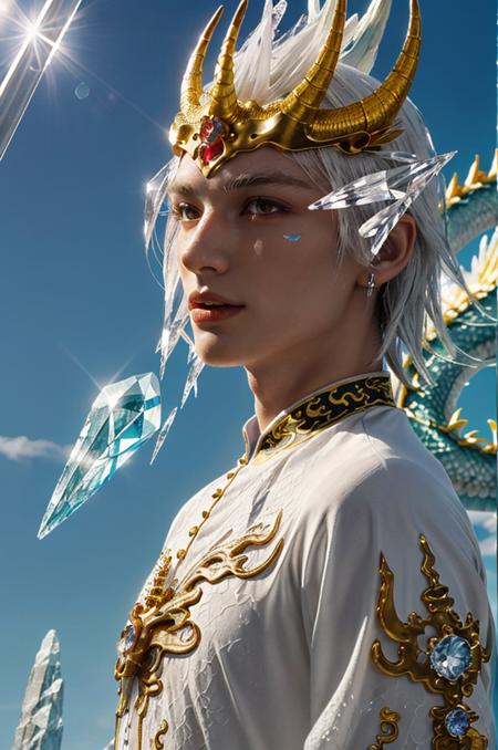 male focus, dragon, horns, eastern dragon, open mouth, white hair<lora:dragon-HXZ:0.7>(((crystals texture Hair))),((beautiful detailed glass hair)),((glass shaped texture hand)),((crystallize texture body)),gem body,hands as clear as jewels,crystallization of clothes,((crystals texture skin)),sparkle, lens flare, light leaks,broken glass,detailed glass shaped clothes,beautiful detailed gemstone sky, gemstone sea, crystals texture flowers,((detailed crystallized clothing)),