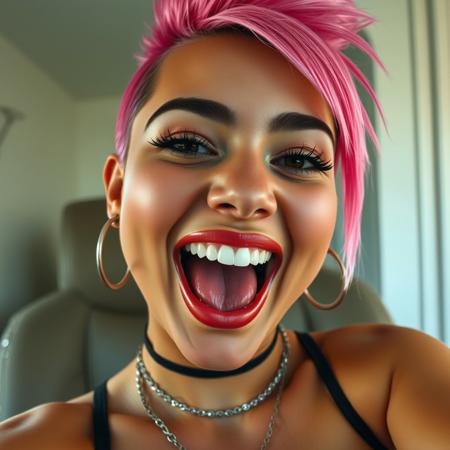 Amateur photography selfie of a female with open mouth wide, 20year, pink mohawk, glampunk makeup, caramel skin, hoop earrings, (uvula:0.2), laughing, ultra high quality, very detailed and photorealistic, face focus, very detailed skin, detailed skin, realistic skin, acne, skin pores, photographic, photography, photograph, skin pores, excessive lip filler, huge tits, cleavage, huge eyes, piercing, goth (skin pores:0.5) <lora:tongue-flux-v0.1:1>