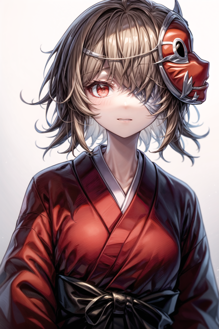 androgynous, red kimono, solo, mask on head, bandage over one eye, short hair, red hyottoko mask, 1other, black skirt, brown hair