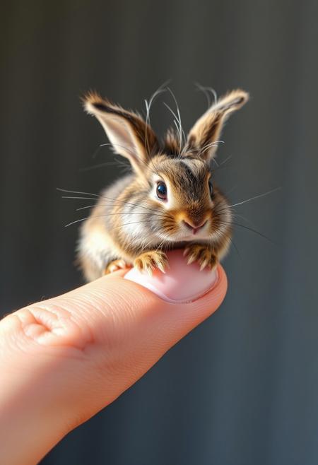 Ultra-realistic 8K photograph, a tiny cute bugs bunny with disheveled fur sitting on a human index finger, the finger is positioned sideways with clear detail of the skin's texture. The messy hair adds character to the scene, background is slightly out of focus, natural light gently highlights the subjects, shot with a Leica Q2, strong color contrast and sharp clarity --ar 9:16 --quality 2 --stylize 750 --v 6.1