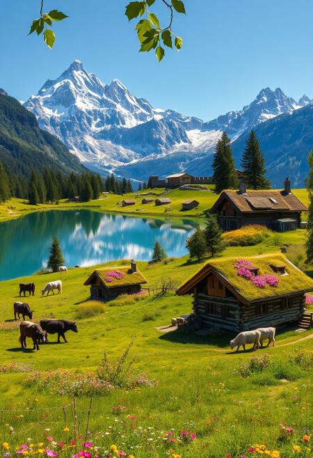 Ultra realism, high quality, high resolution 8K and above, stable and accurate focus, ultra correct anatomy, super detail. A beautiful mountain scene with tall snow-capped peaks reflected in a crystal clear lake. In the foreground are green meadows dotted with wild flowers of various colors. Included in the landscape are houses built of stone and wood, architecturally designed to blend in with nature. The roofs of the houses are covered with thick grass and colorful flowers. Cows roam the meadow, and a flock of sheep, led by shepherd dogs, graze around. The trees around the houses are tall and green, with leaves that cast shadows on the houses.((The ruins of an ancient fortress can be seen in the distance, giving the scene historical depth)). The sunlight illuminates the landscape, creating a warm and welcoming atmosphere.